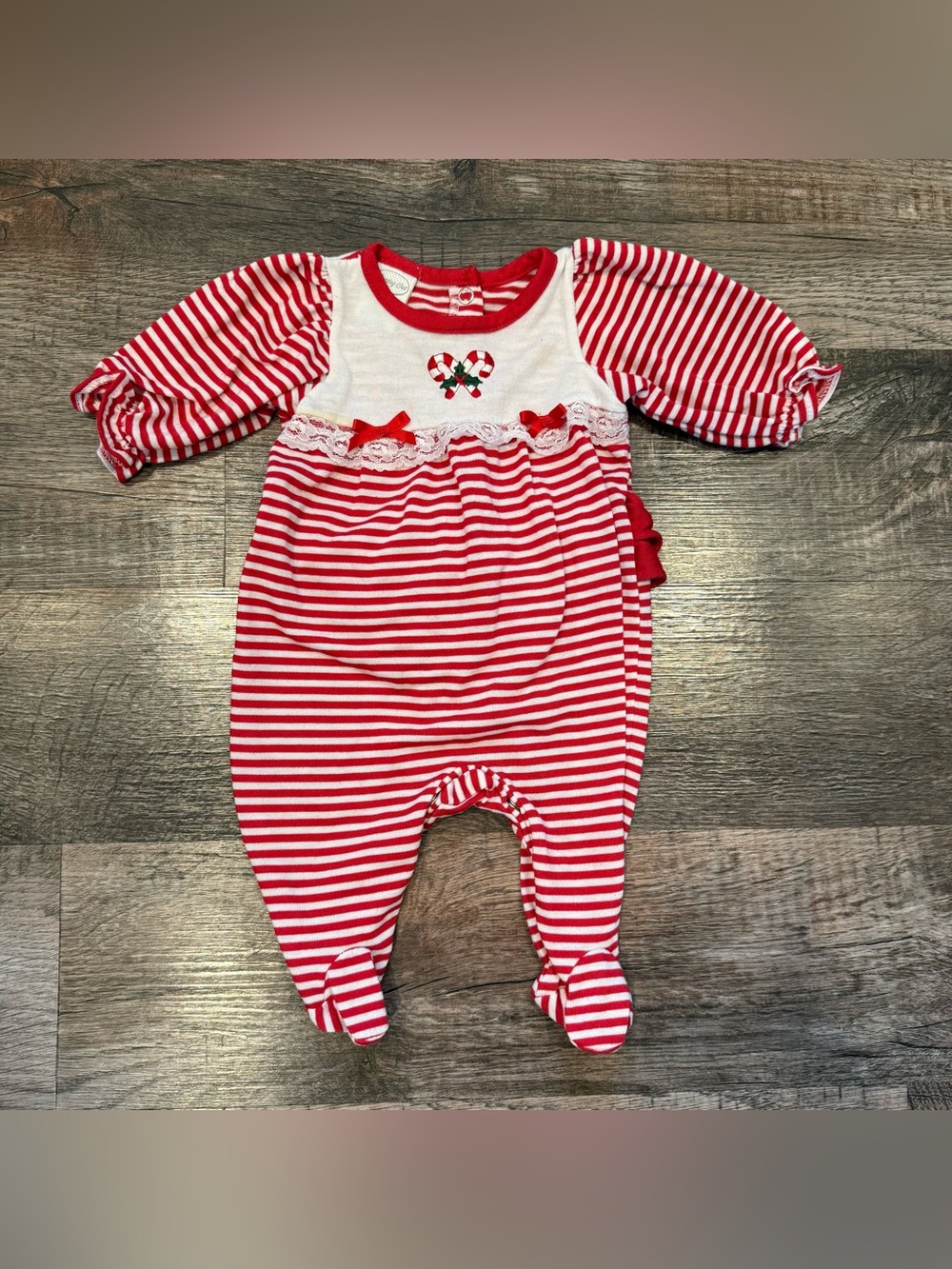 Starting Out Vintage Baby Girl Christmas Candy Cane Romper Lace Ruffles 3 Month